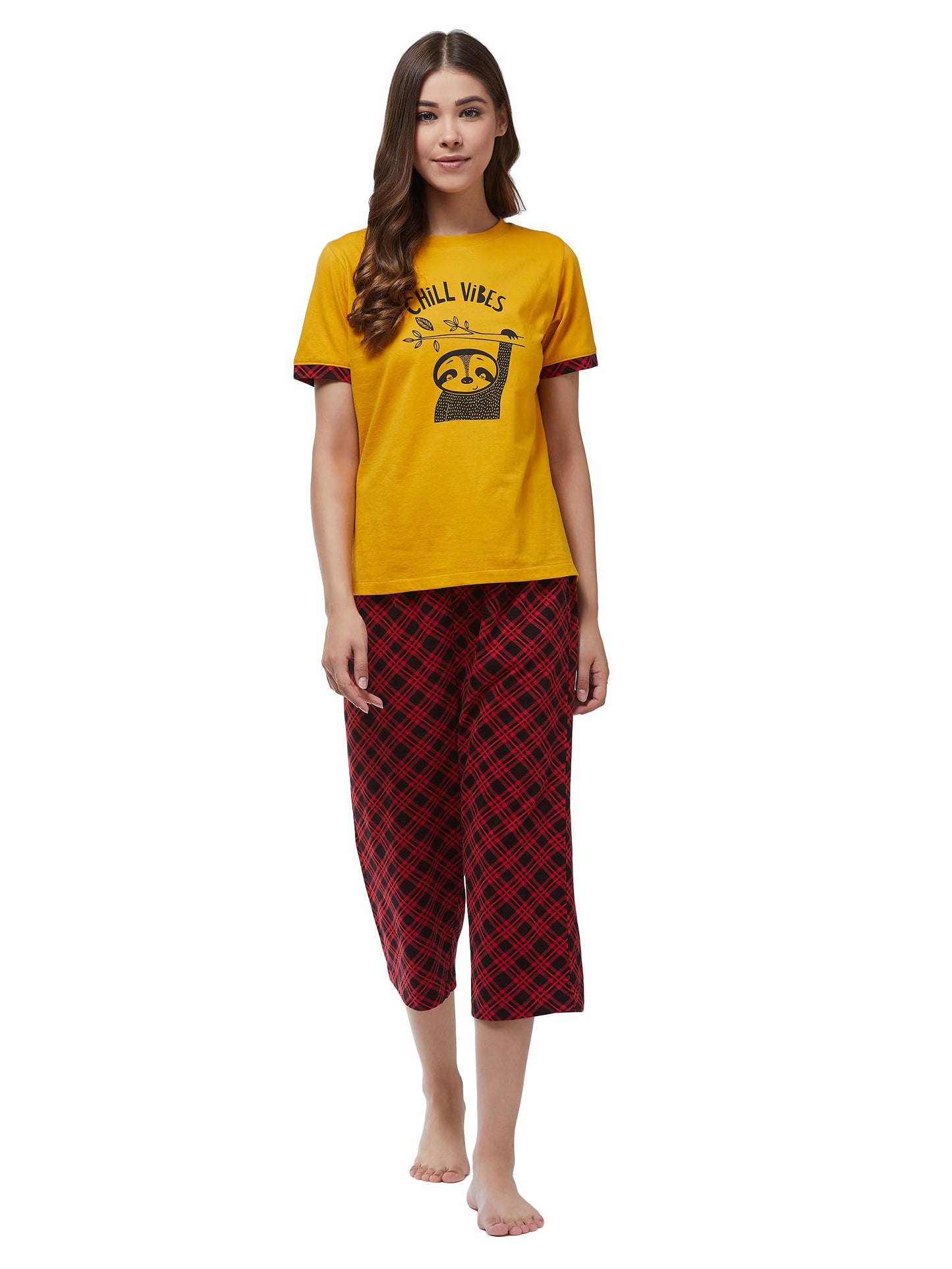 Miss Chase WomenS Round Neck Short Sleeves Round Neck Top & Capri Set (Mcss20Nw06-17-217-05, Mustard Yellow And Red, L)