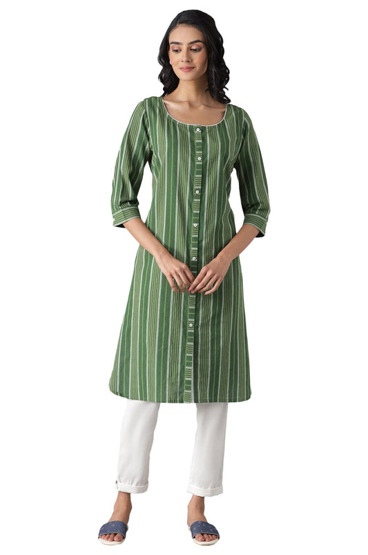 Aurelia Women's Cotton Straight Fit Geometric Round Neck Straight Kurta