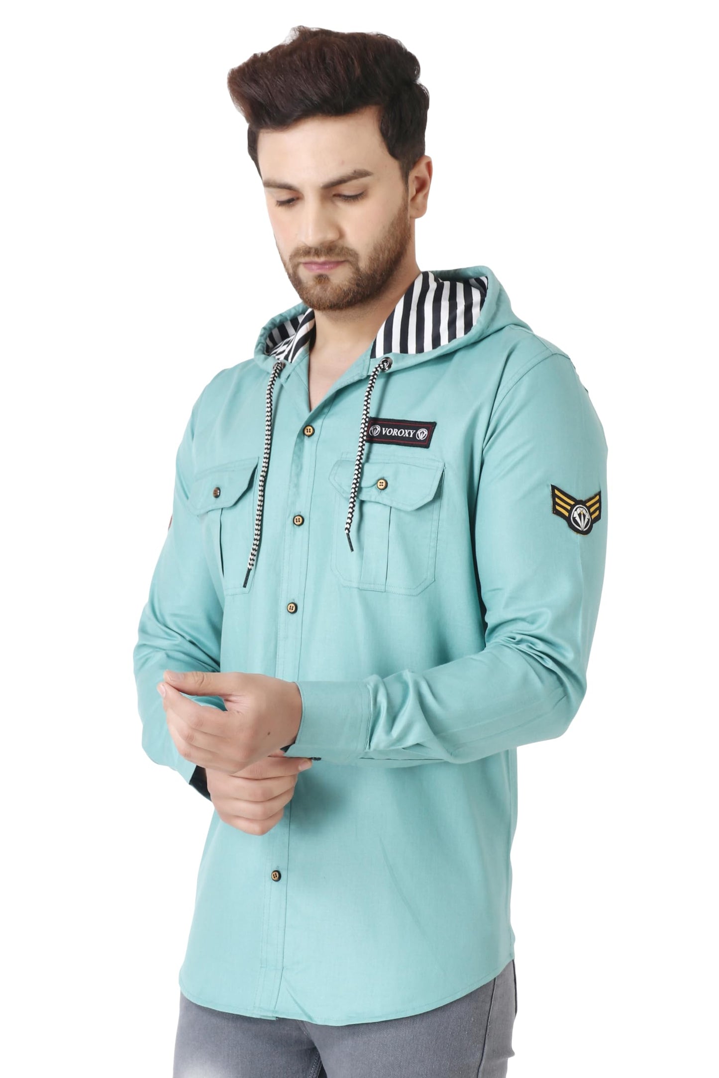 Besix MenS Green Tailored Fit Cotton Blend Shirt For Man With Hoodie - Casual Long Sleeve Shirt With Pockets - Patch Detail For