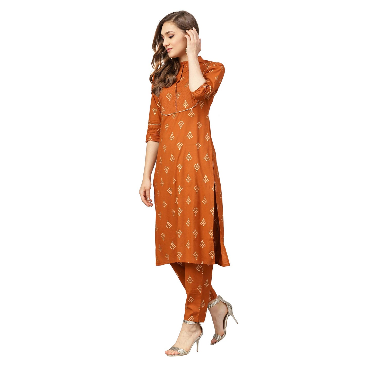 Idalia Womens Rust Gold Ethnic Kurta Set For Women Stylish Mandarin Collar Printed Cotton Kurta With Pant Set For Wedding & Fest