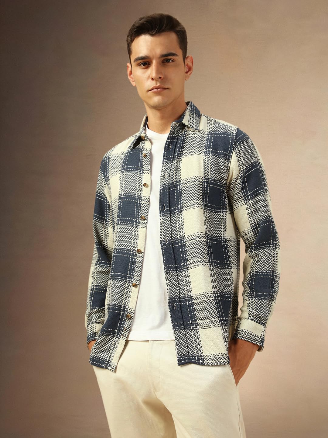 Dennis Lingo Men Relaxed Fit Cotton Checks Full-Sleeves Spread Collar Flannel Shirt Shirt Navy Blue