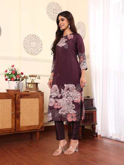 Varanga Women Pure Purple Floral Printed Kurta Set And Dupatta