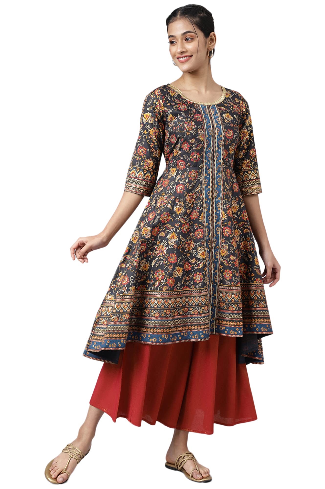 Aurelia Women's Grey Floral Printed Straight Kurta_22AUA13480-505392_XL