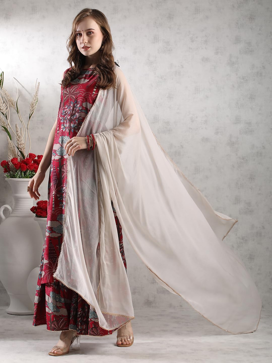 ANNI DESIGNER Women's Rayon Blend Floral Straight Kurta with Palazzo & Dupatta