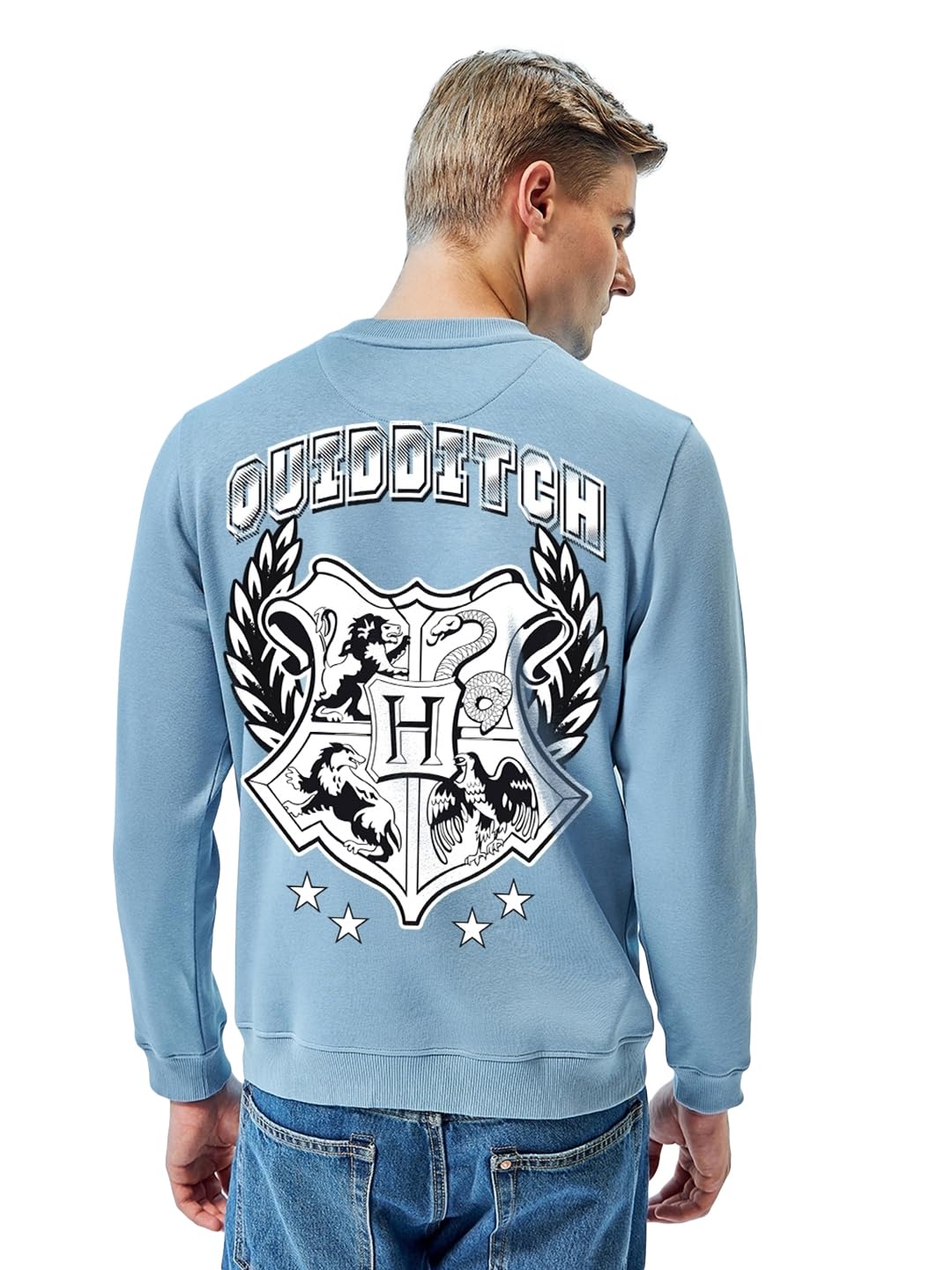 Bewakoof Official Harry Potter Merchandise Mens Graphic Printed Regular Fit Full Sleeve Round Neck Fleece Sweatshirt_629670_Blu