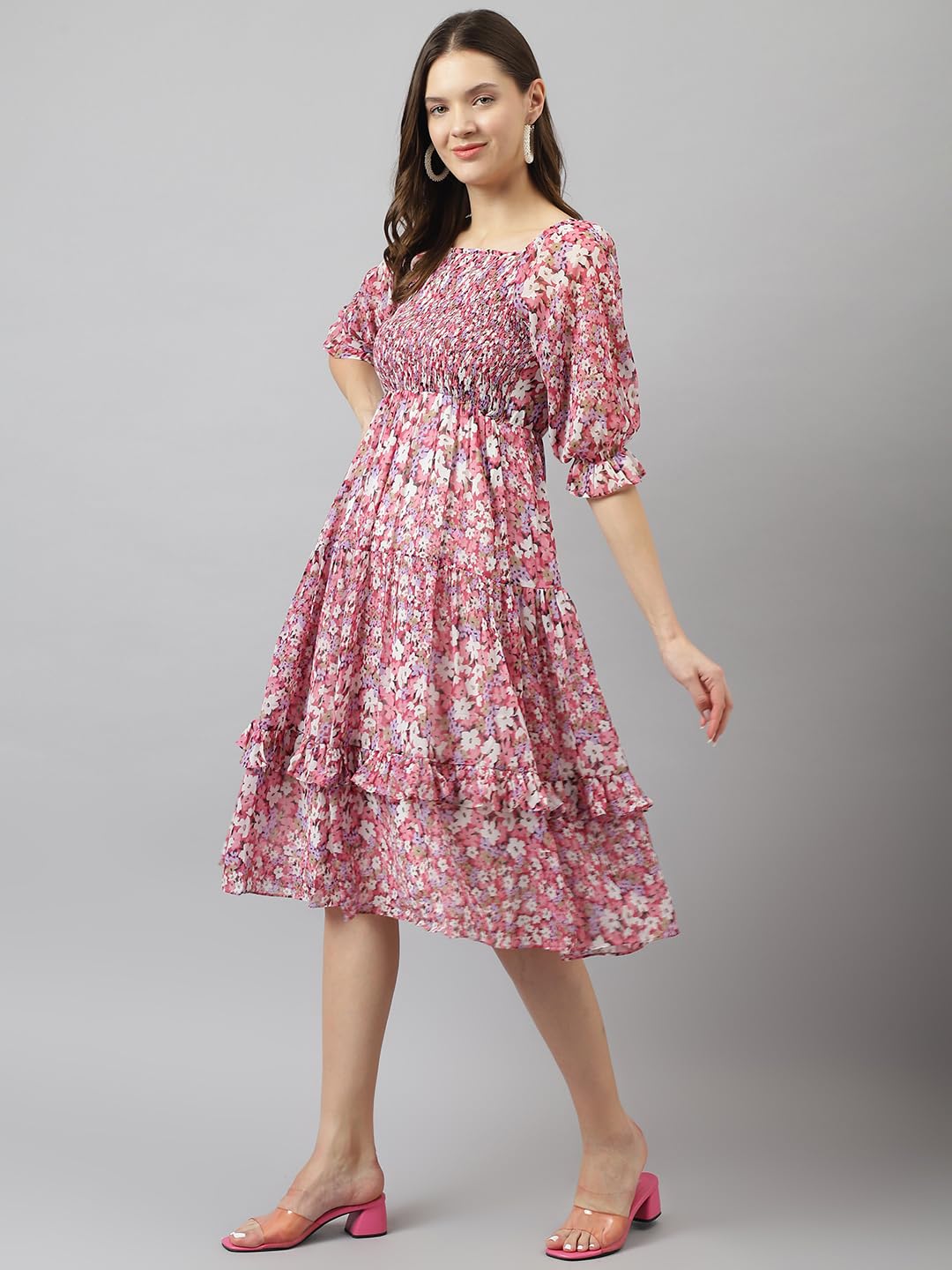 Toochki WomenS Pink Georgette Floral Tiered Western Knee Length Dress A Line Suitable In Summer Wear Latest Trendy Midi Dress