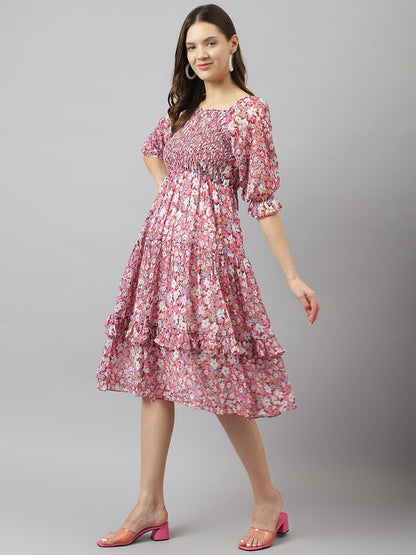 Toochki WomenS Pink Georgette Floral Tiered Western Knee Length Dress A Line Suitable In Summer Wear Latest Trendy Midi Dress