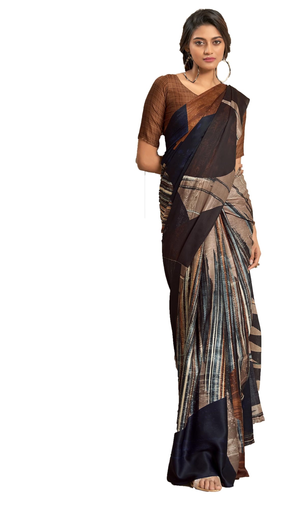 Pujia Mills Woman Digital Print Satin Silk Sadi Indian Ethnic Wear Printed Saree With Unstitch Blouse Regular Print Sadi Simple