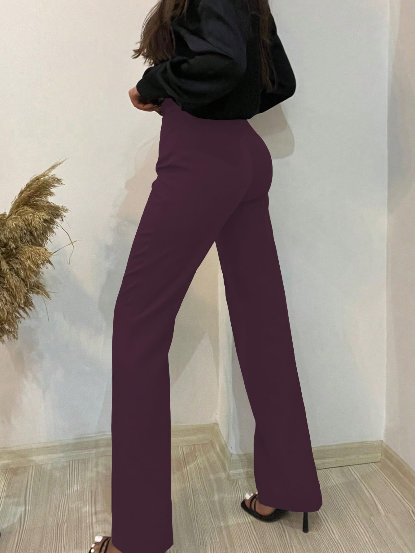 Shasmi Womens Wine High Waist Trousers, Seam Detail Straight Leg Pants & Elegant Flared Trousers, Casual & Office Wear, Spring/F
