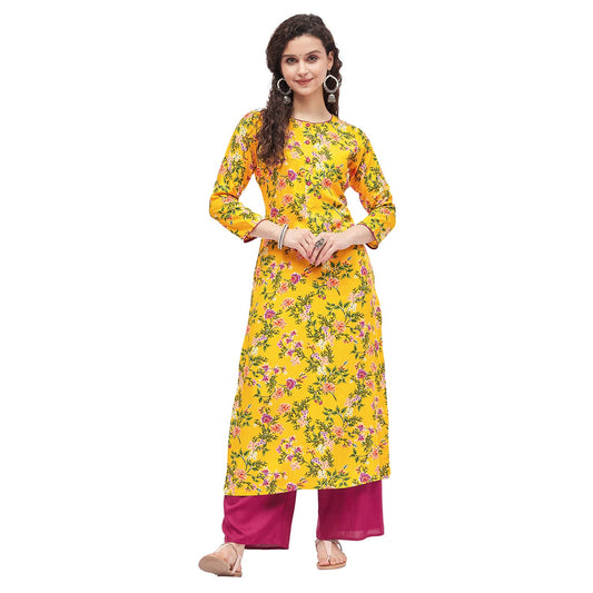 Tissu Women's Rayon Yellow & Pink Printed Kurta with Palazzo