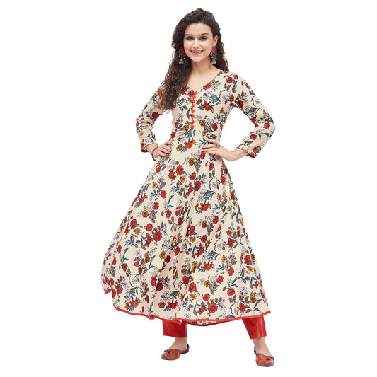 Tissu Women'S Rayon Cream & Orange Floral Printed A-Line Kurta 2221_Cream_4Xl