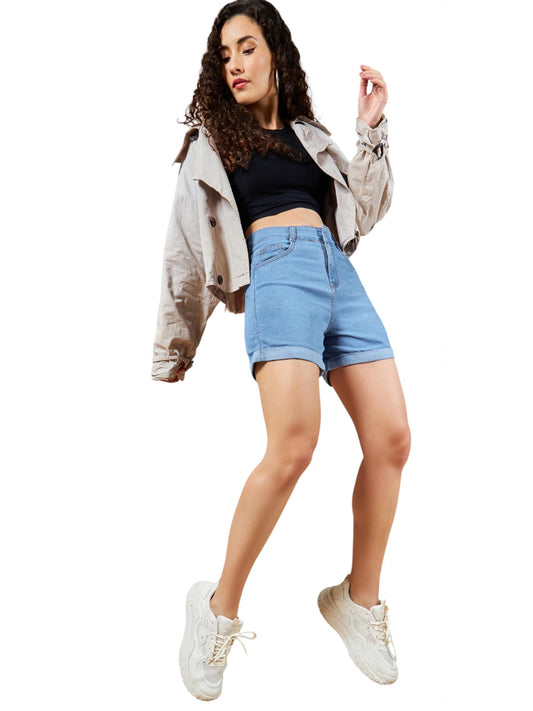 Dolce Crudo Womens Mid-Blue Regular High Rise Clean Look Regular Denim Skorts (DOSS24DEN79-16-530-32, Caribbean Blue, 32)
