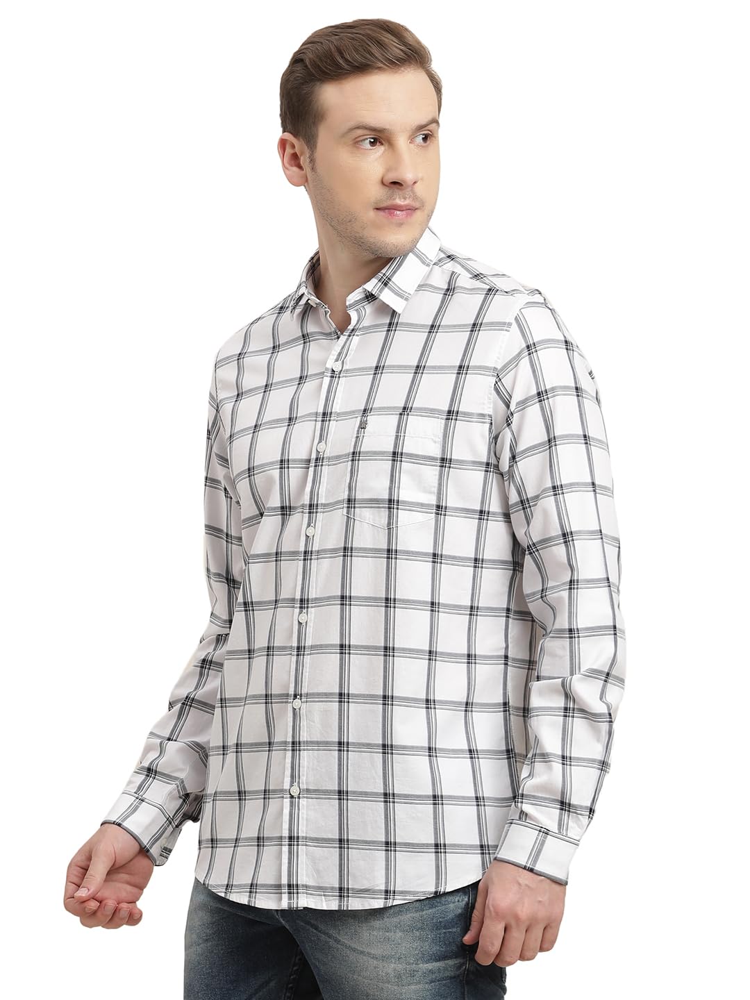 Turtle Men 100% Cotton Slim Fit White Checkered Full Sleeve Casual Shirt