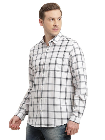 Turtle Men 100% Cotton Slim Fit White Checkered Full Sleeve Casual Shirt