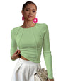 Shasmi Womens Elegant Solid Pista Solid Color Split Bust Long Sleeved Round Neck New Spring and Summer Plain Everyday Matching