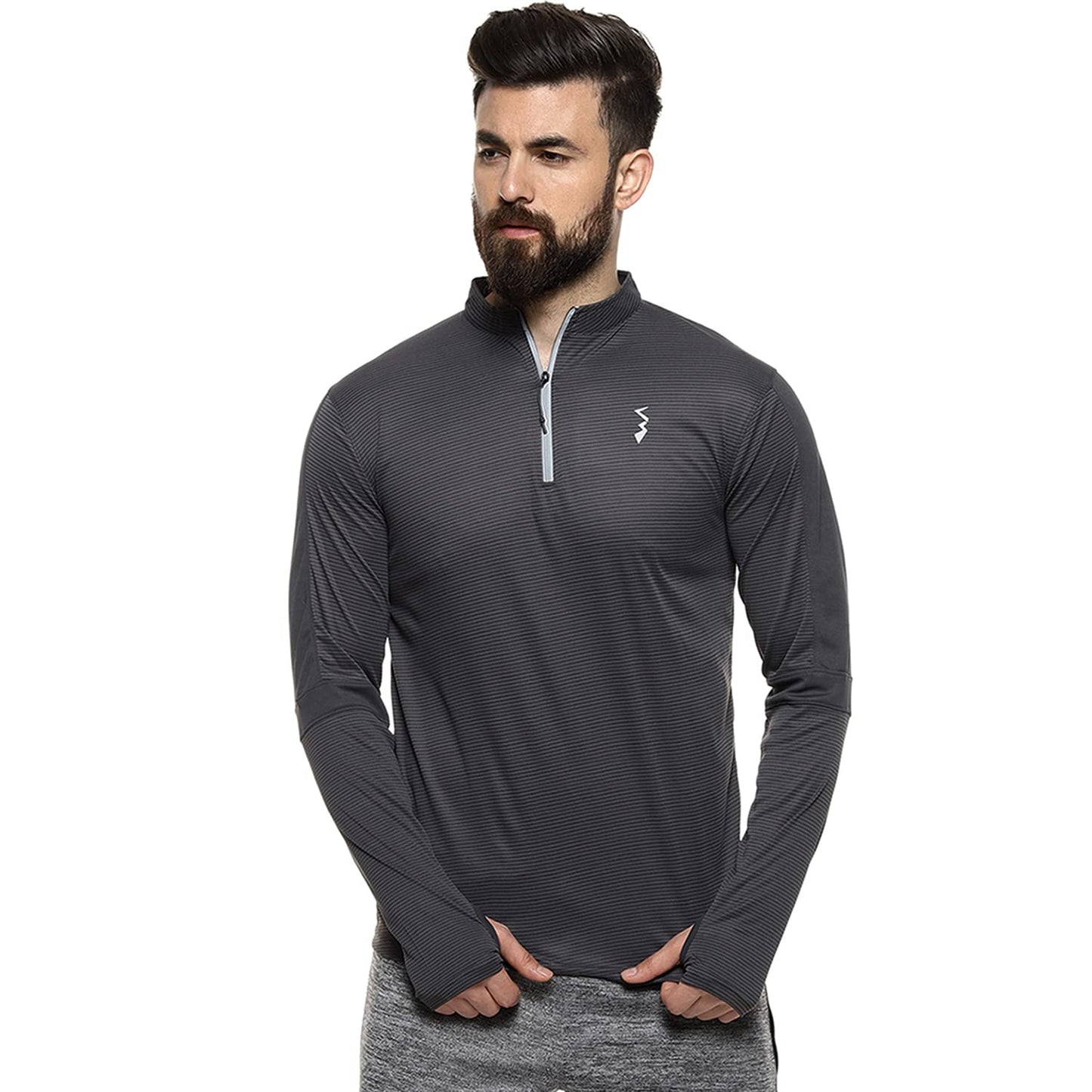 Campus Sutra Mens Dark Grey Full Sleeve Regular Fit T-Shirt for Active Wear |Zip Closure|T-Shirt Crafted with Comfort Fit and H