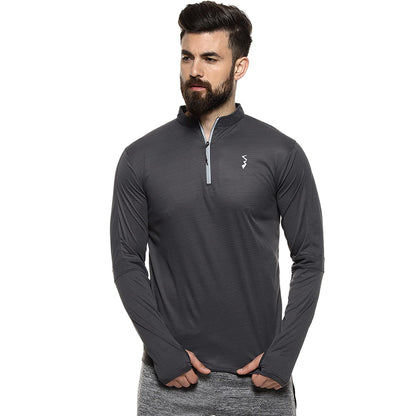 Campus Sutra Mens Dark Grey Full Sleeve Regular Fit T-Shirt for Active Wear |Zip Closure|T-Shirt Crafted with Comfort Fit and H