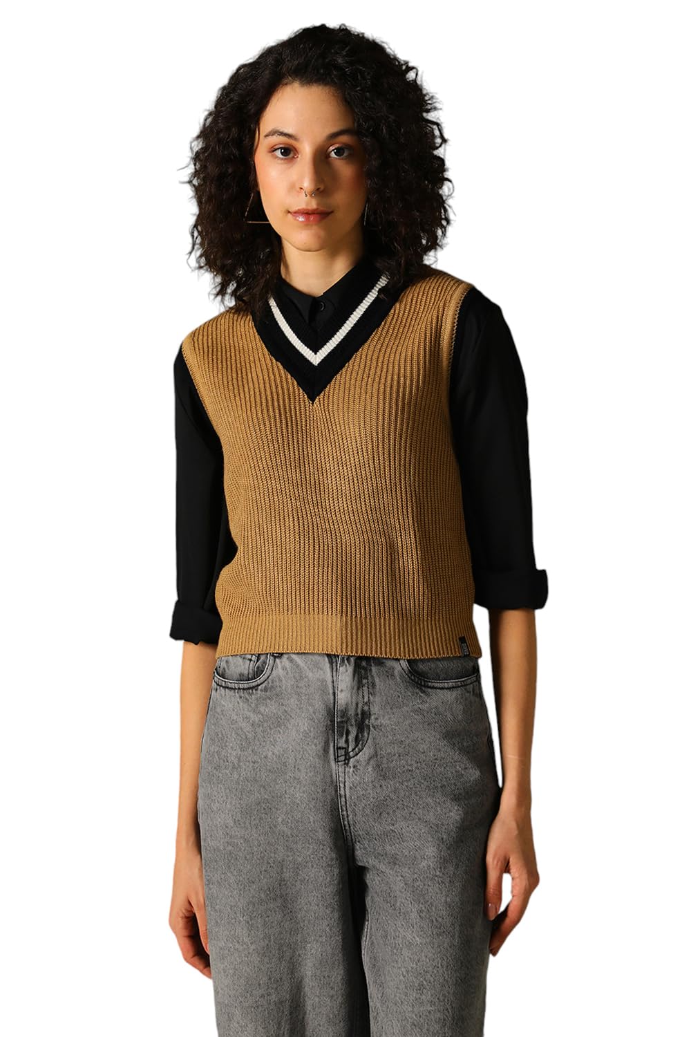 Hubberholme Women Knitted Acrylic Regular Fit V Neck Sleeveless Sweaters Beige