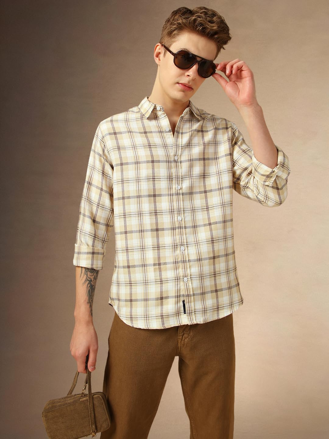 Dennis Lingo Men Relaxed Fit Cotton Full Sleeves Checks Casual Shirts Beige