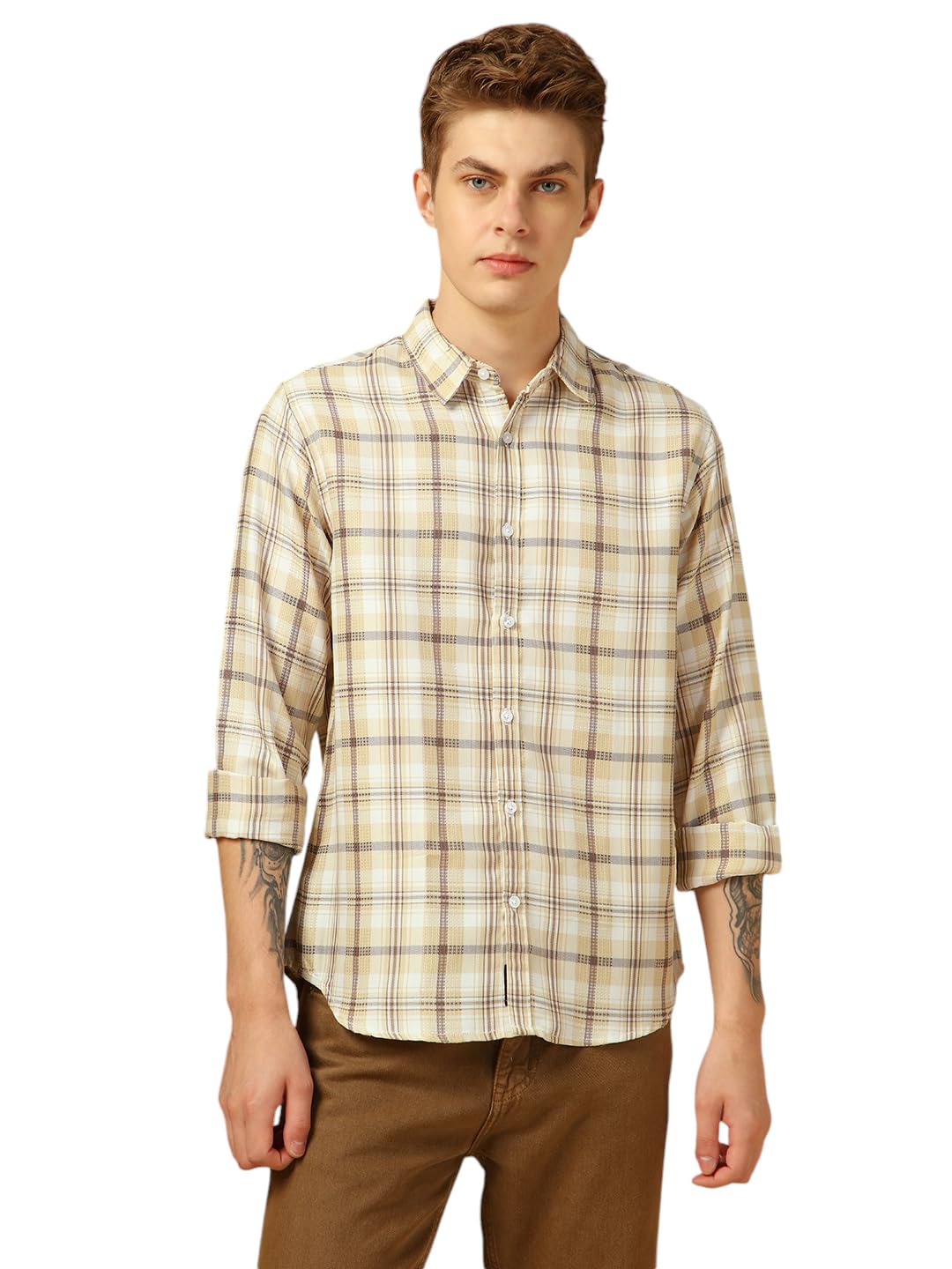 Dennis Lingo Men Relaxed Fit Cotton Full Sleeves Checks Casual Shirts Beige