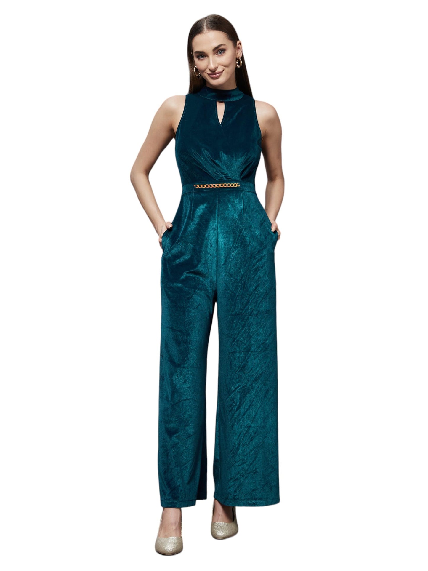 Miss Chase WomenS Choker Neck Sleeveless Solid Pleated Regular Jumpsuit (Mcss23D79-08-83-06,Teal, Xl)