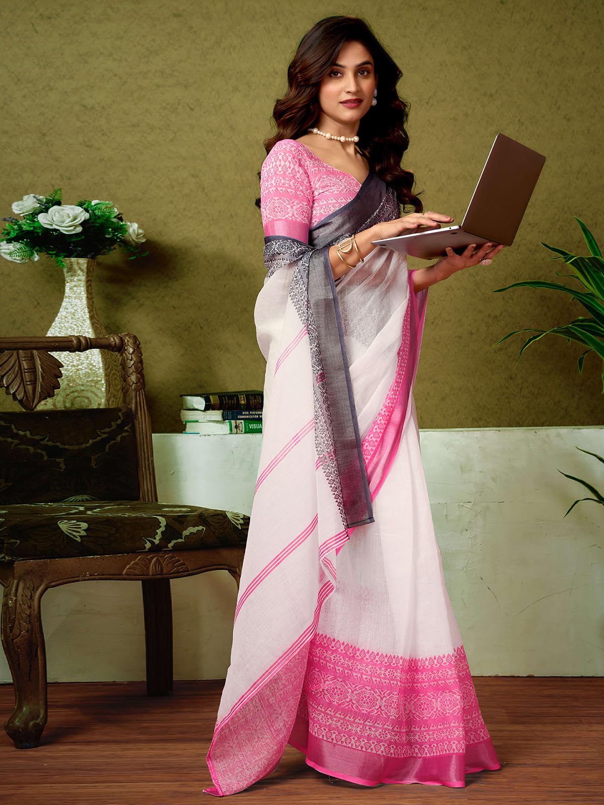 Satrani WomenS Linen Zari Border Printed Ready To Wear One Minute Pre Pleated Readymade Saree With Unstitched Blouse Piece (34R