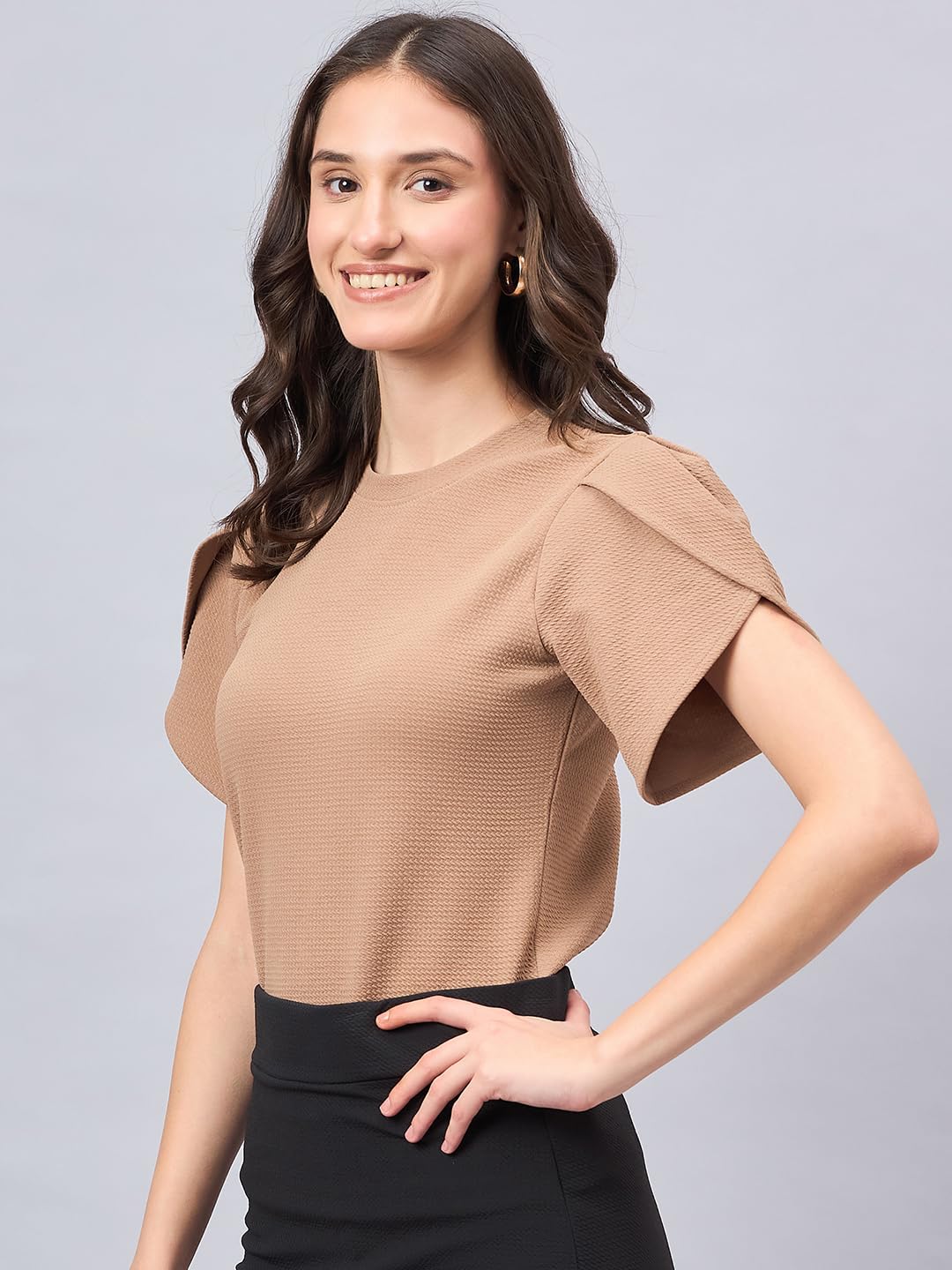 Style Quotient Women Solid Brown Poly Knit Smart Casual Regular Tulip Sleeve Top