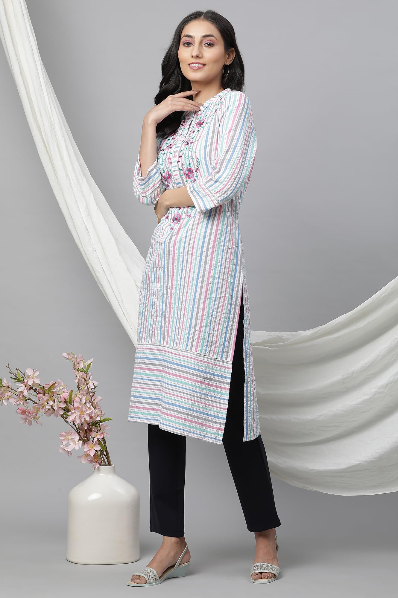 Aurelia Multi Striped Thread Embroidered Cotton Regular Kurta For Women