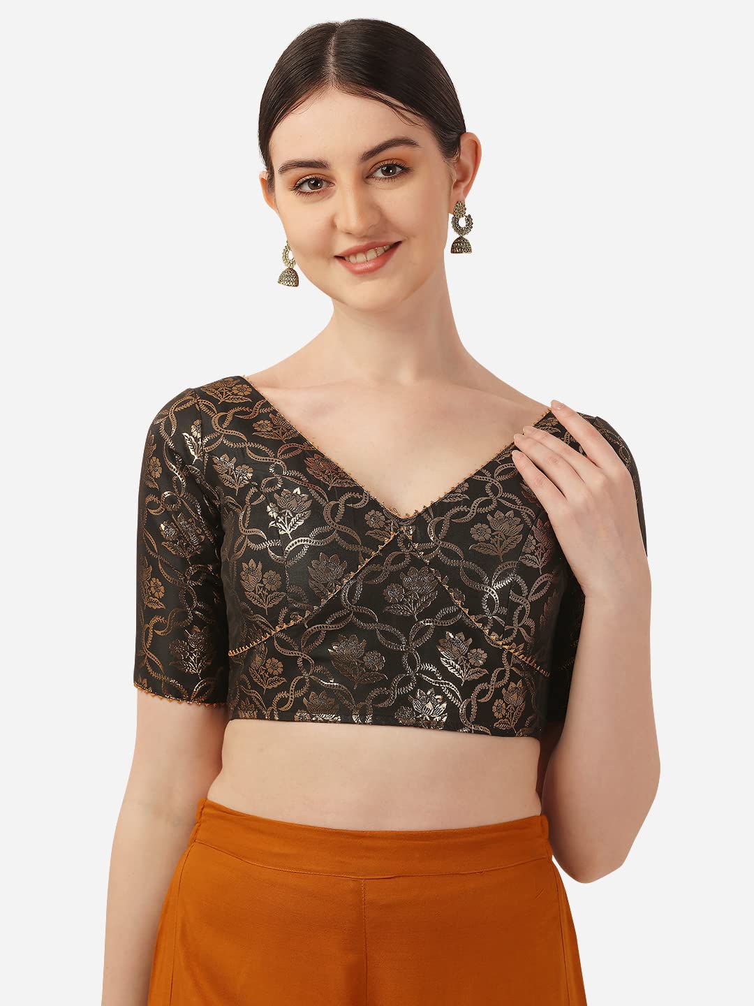 OOMPH! Womens Indian Ethnic Wear Designer Lace Work V Neck Half Sleeve Blouse for Saree or Lehnga and BlousePalazzos or Skirts