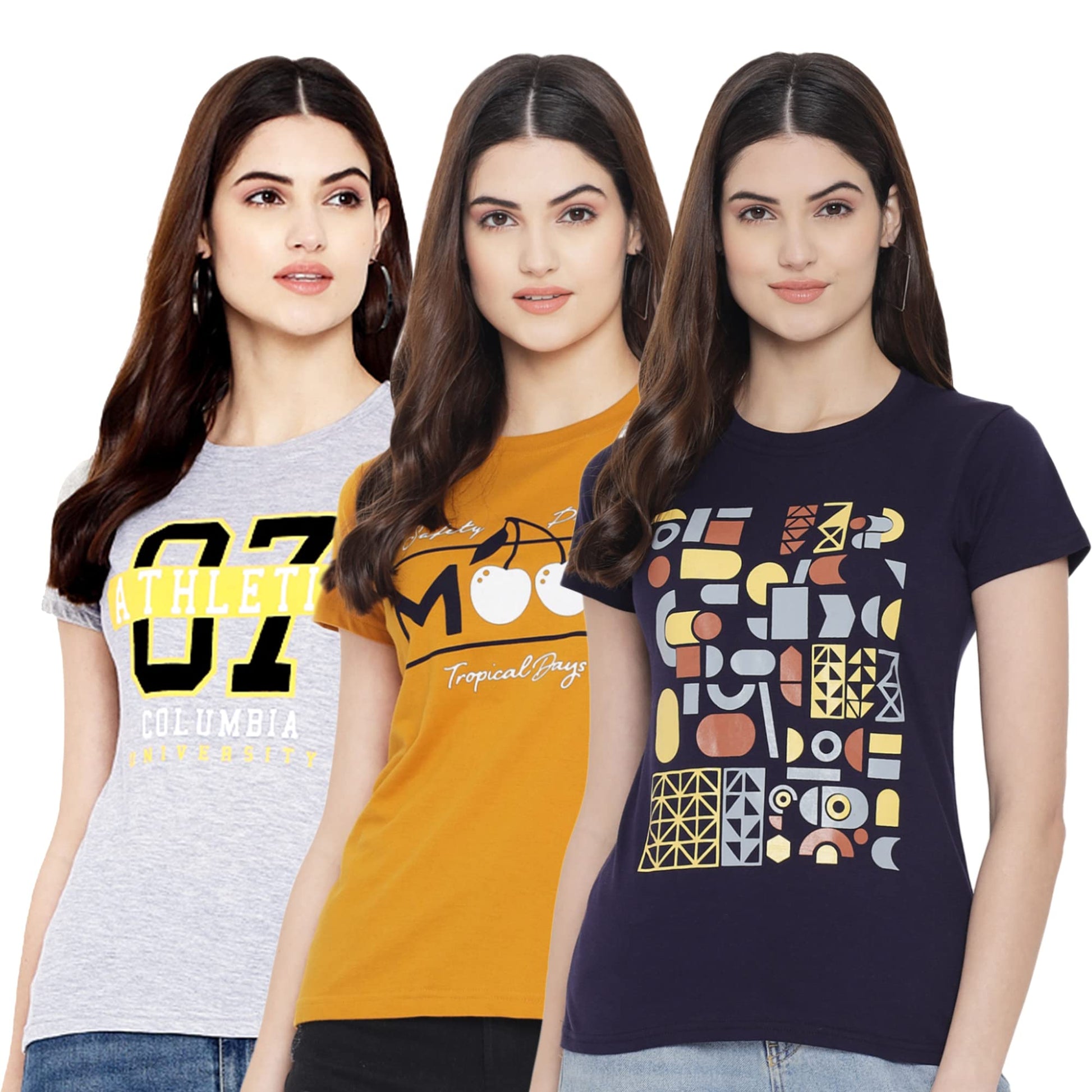 Preneum Womens Cotton Regular Fit Latest Graphic Stylish Printed Short Sleeves Casual T-Shirt || Trendy & Styles (Pack 3), Navy