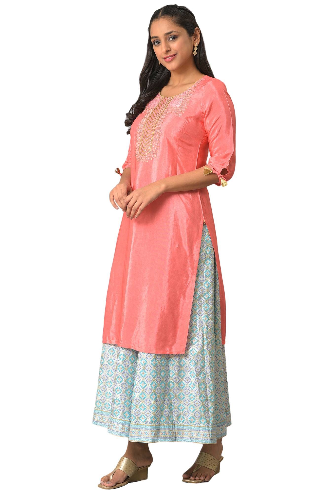 Aurelia WomenS Rayon Solid Regular Peach Zari Embroidered Kurta (23Fea13993-605603