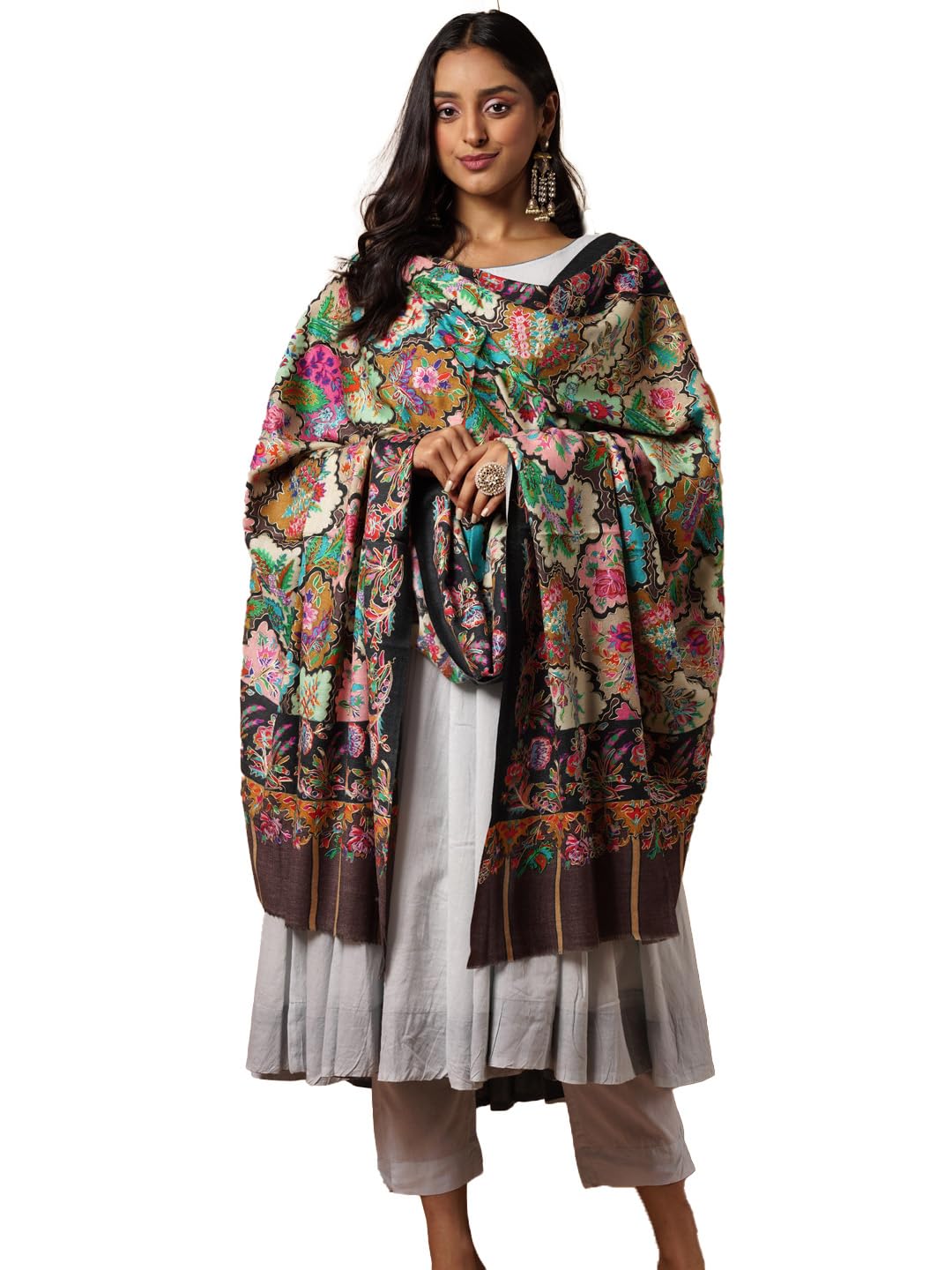 Pashmoda Women Noor Pure Wool Kalamkari Hand Embroidered Shawl (Size: 101 X 203 Cms)