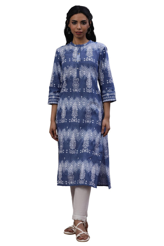 W for Woman W Women Blue Printed Cotton Straight Kurta
