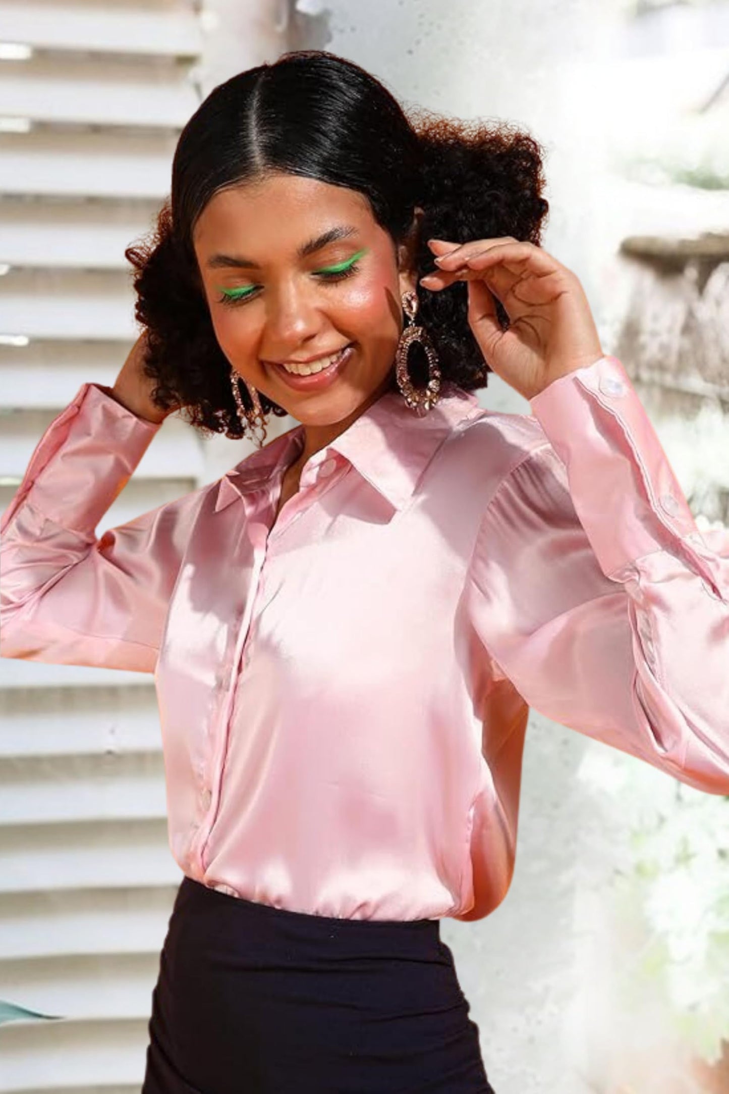 POPWINGS Women Polyester Solid Satin Shirt | Satin Shirts Stylish Western| Regular Fit and Full-Sleeves Casual and Semi-Formal S