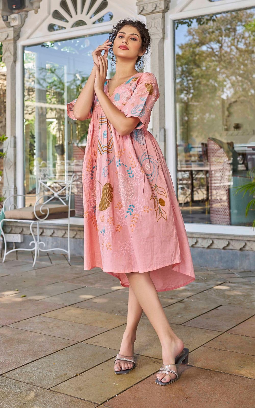 Kesudi WomenS Pure Cotton Heavy Embroidery Pink Tunic