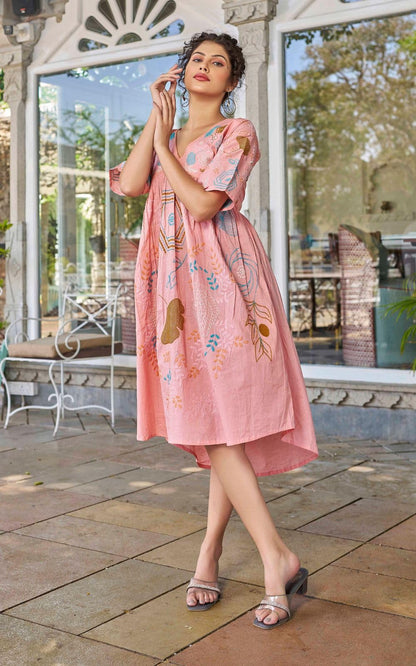 Kesudi WomenS Pure Cotton Heavy Embroidery Pink Tunic