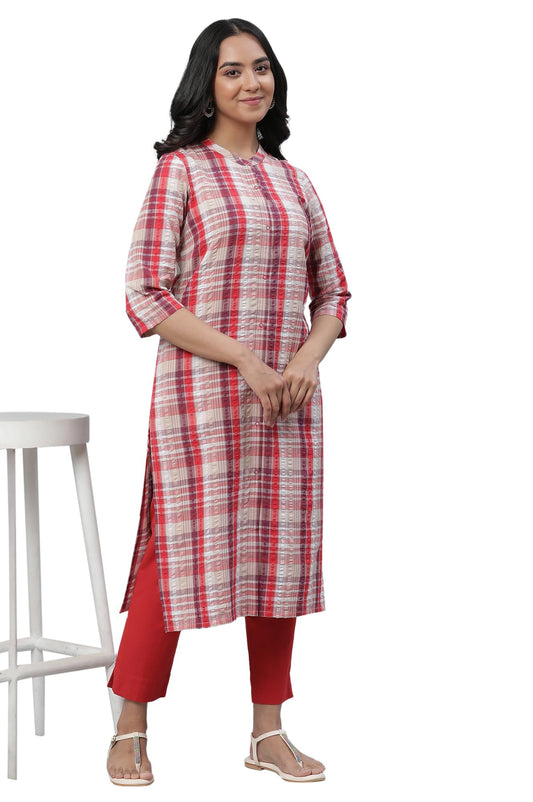Aurelia WomenS Red Checked Cotton Regular Kurta