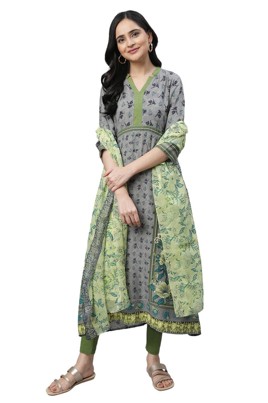 Aurelia Stonewash Grey Floral Print Casual Kurta- Palazzo Set