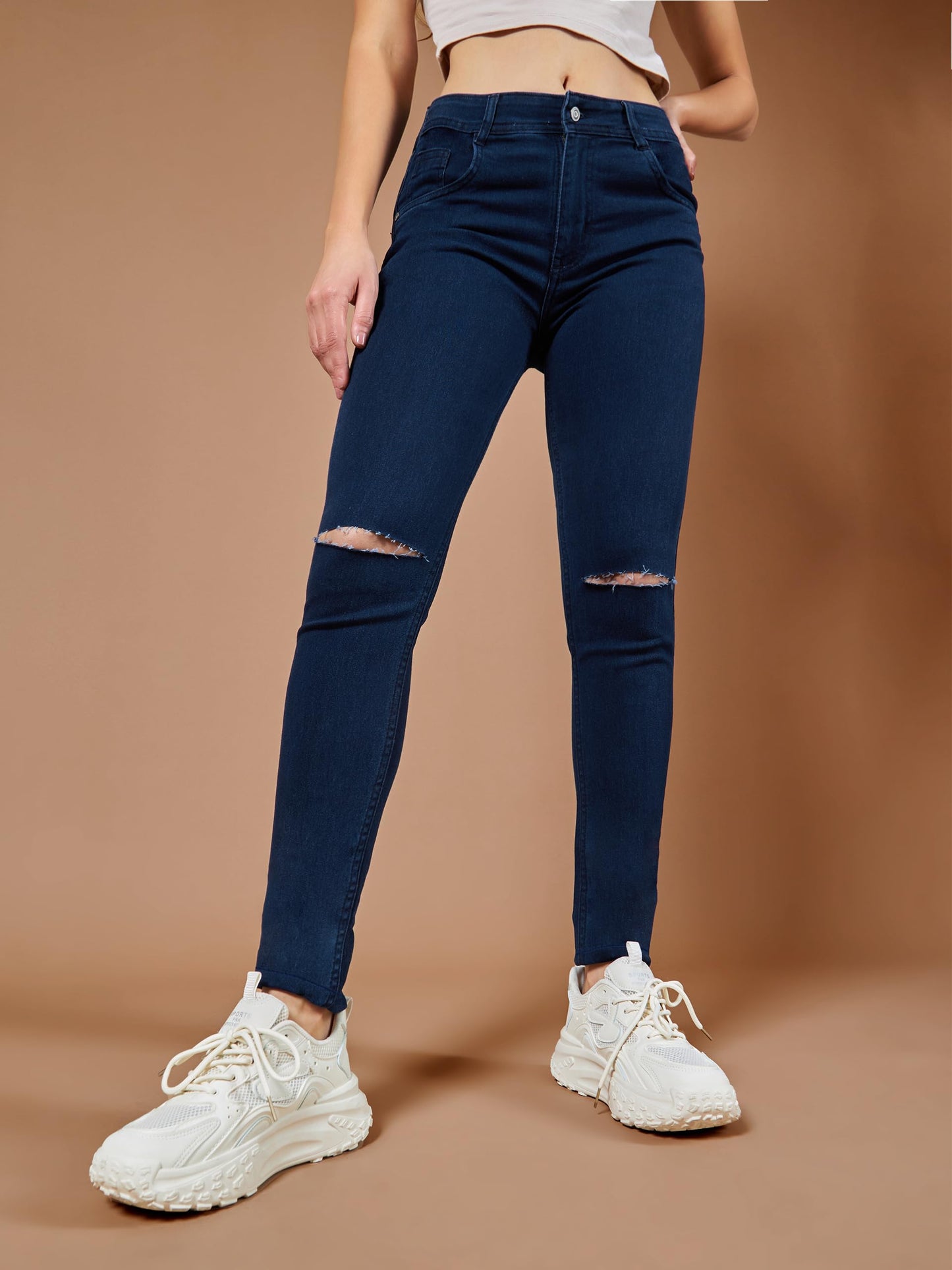 Dolce Crudo Womens Navy Blue Skinny Fit High Rise Regular Length Clean Look Knee Slit Denim Stretchable Jeans(DOSS18DEN02-37-71