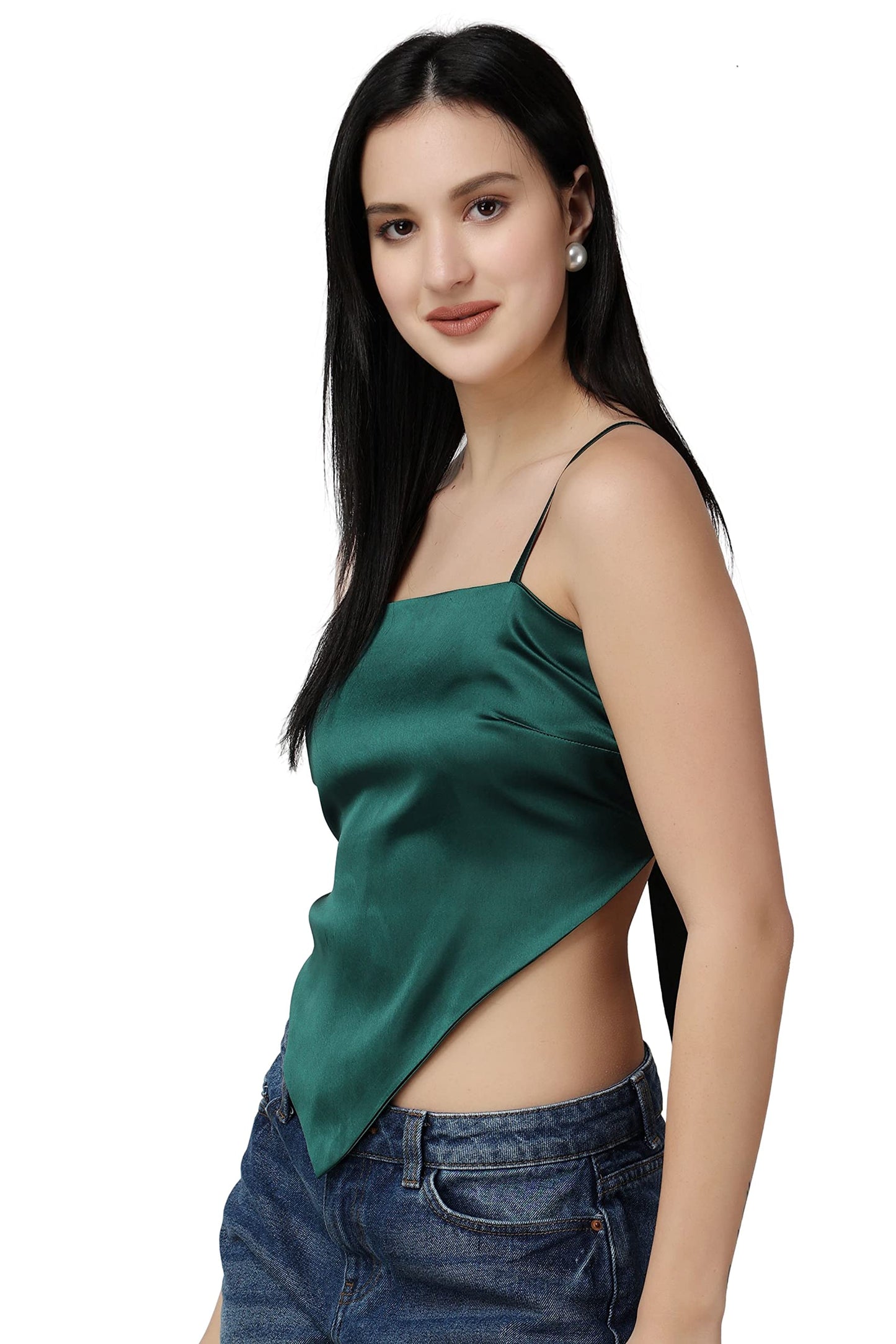 Popwings Women Casual Dark Green Satin Scarf Knot Solid Crop Top