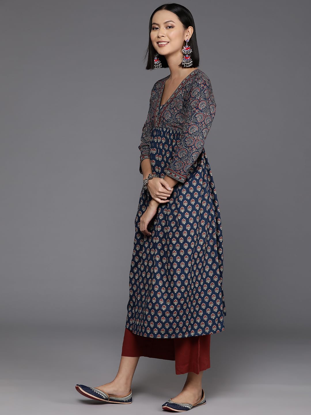 Varanga WomenS Blue & Maroon Bandez Printed Anarkali Kurta  Elegant Long Sleeve Traditional Dress, Indian Ethnic Wear For Women,