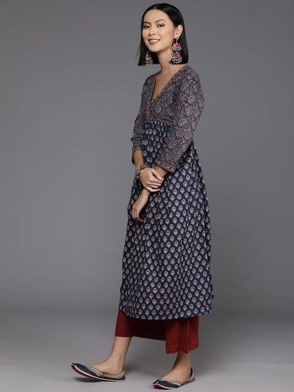Varanga WomenS Blue & Maroon Bandez Printed Anarkali Kurta  Elegant Long Sleeve Traditional Dress, Indian Ethnic Wear For Women,