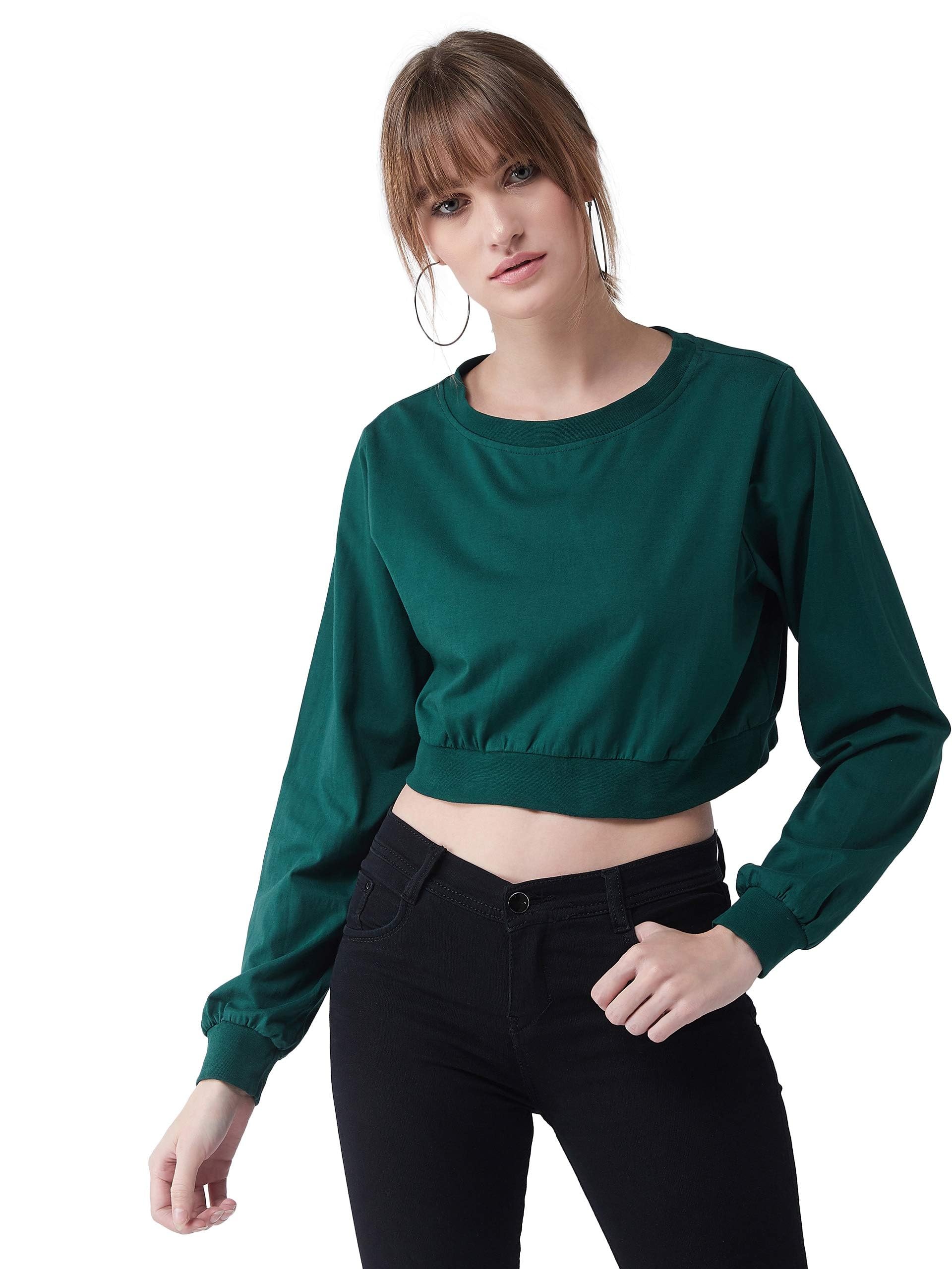 Miss Chase WomenS Green Round Neck Full Sleeves Solid Oversized Crop Top (Mcss20Tp99-36-48-04_Green_M)
