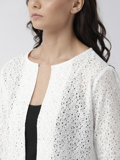 Style Quotient Women Off White Self Design Floral lace Regular Open Front Shrug