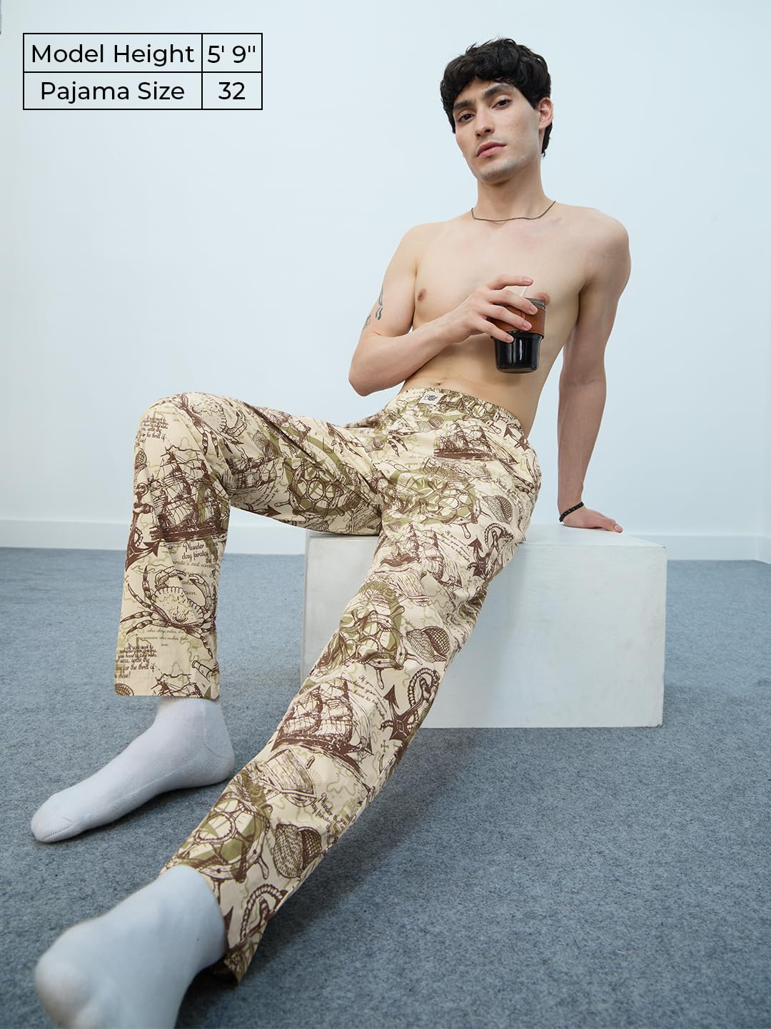 The Souled Store Sailor Wanderer Men and Boys Beige All Over Printed Pull On Regular Fit Cotton Pajamas