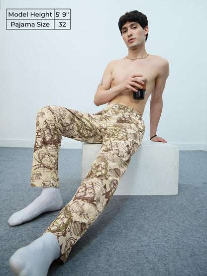 The Souled Store Sailor Wanderer Men and Boys Beige All Over Printed Pull On Regular Fit Cotton Pajamas