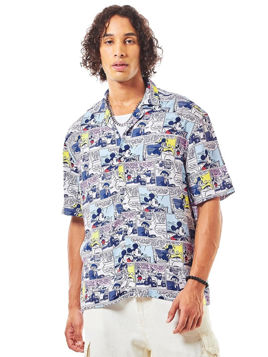 Bewakoof Official Disney Merchandise Mens All Over Printed Oversized Fit Half Sleeve Resort Collar Rayon Shirt_624314_Multicolo