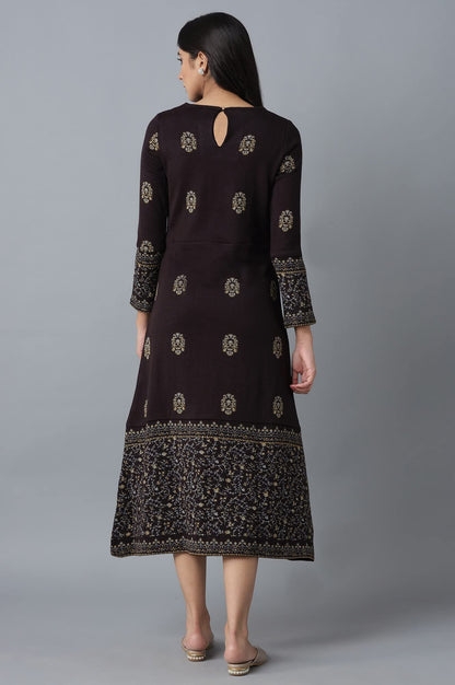 W for Woman Women's Acrylic Dark Purple Embroidered Winter Dress Below The Knee