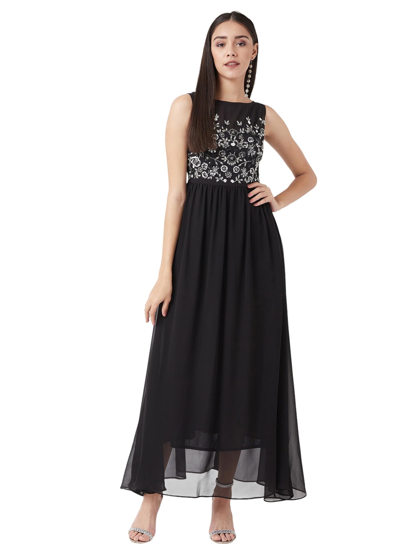 Miss Chase Womens Boat Neck Sleeveless Embroidered Gathered Georgette Maxi Dress (MCAW24D94-91-62-03, Black, S)