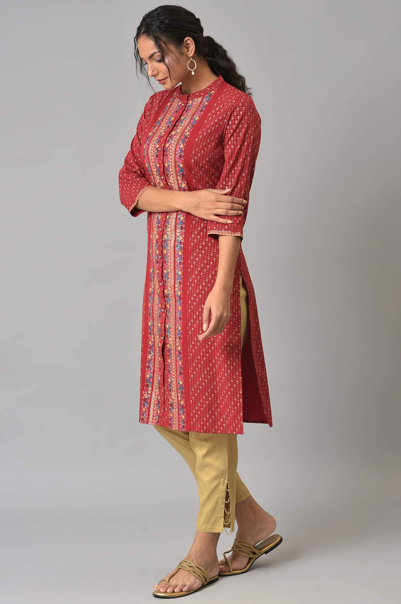 W For Woman Red Geometric Printed Synthetic Regular Glitter Kurta